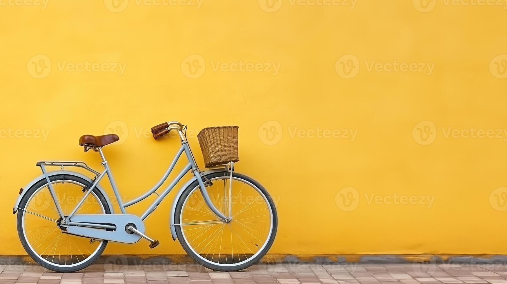 ai generato bicicletta pendente contro giallo parete con copia spazio. 3d interpretazione foto