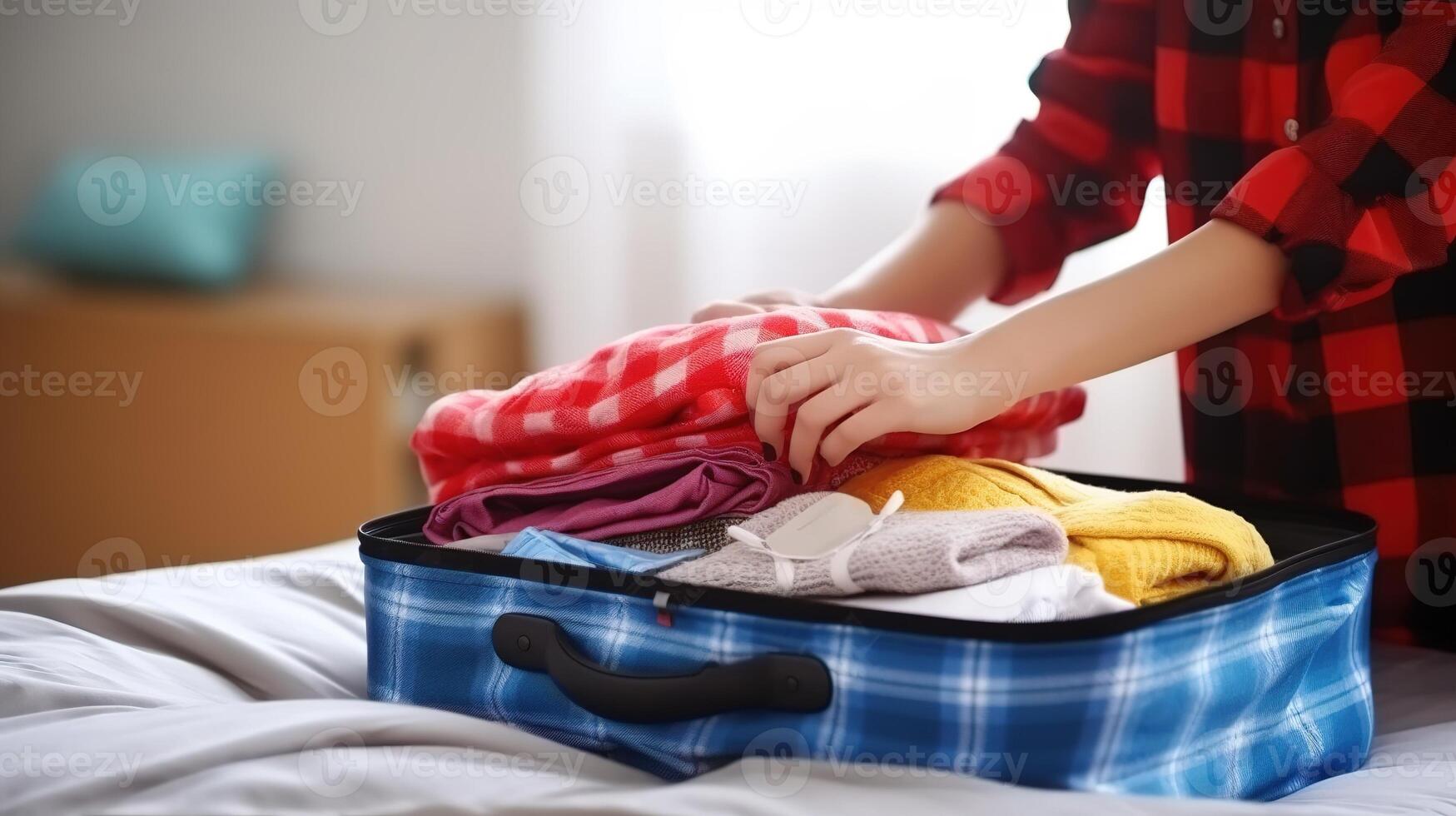 ai generato donna Imballaggio valigia su letto a casa, avvicinamento. preparazione per viaggio foto