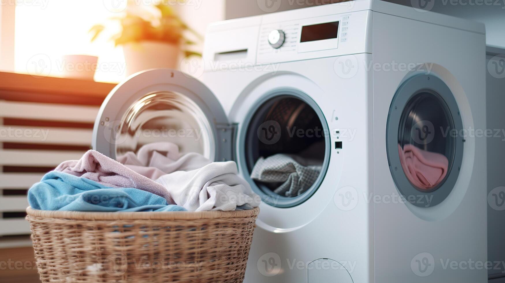 ai generato lavaggio macchina con Abiti nel lavanderia camera. lavanderia giorno concetto foto