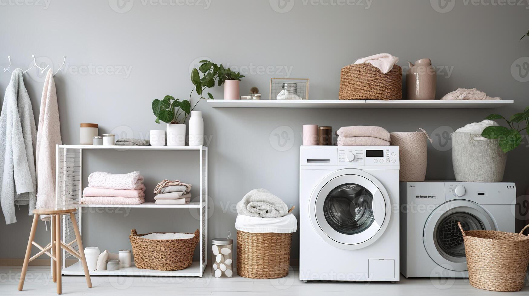 ai generato lavanderia camera interno con lavaggio macchina, asciugamani e di vimini cesti foto