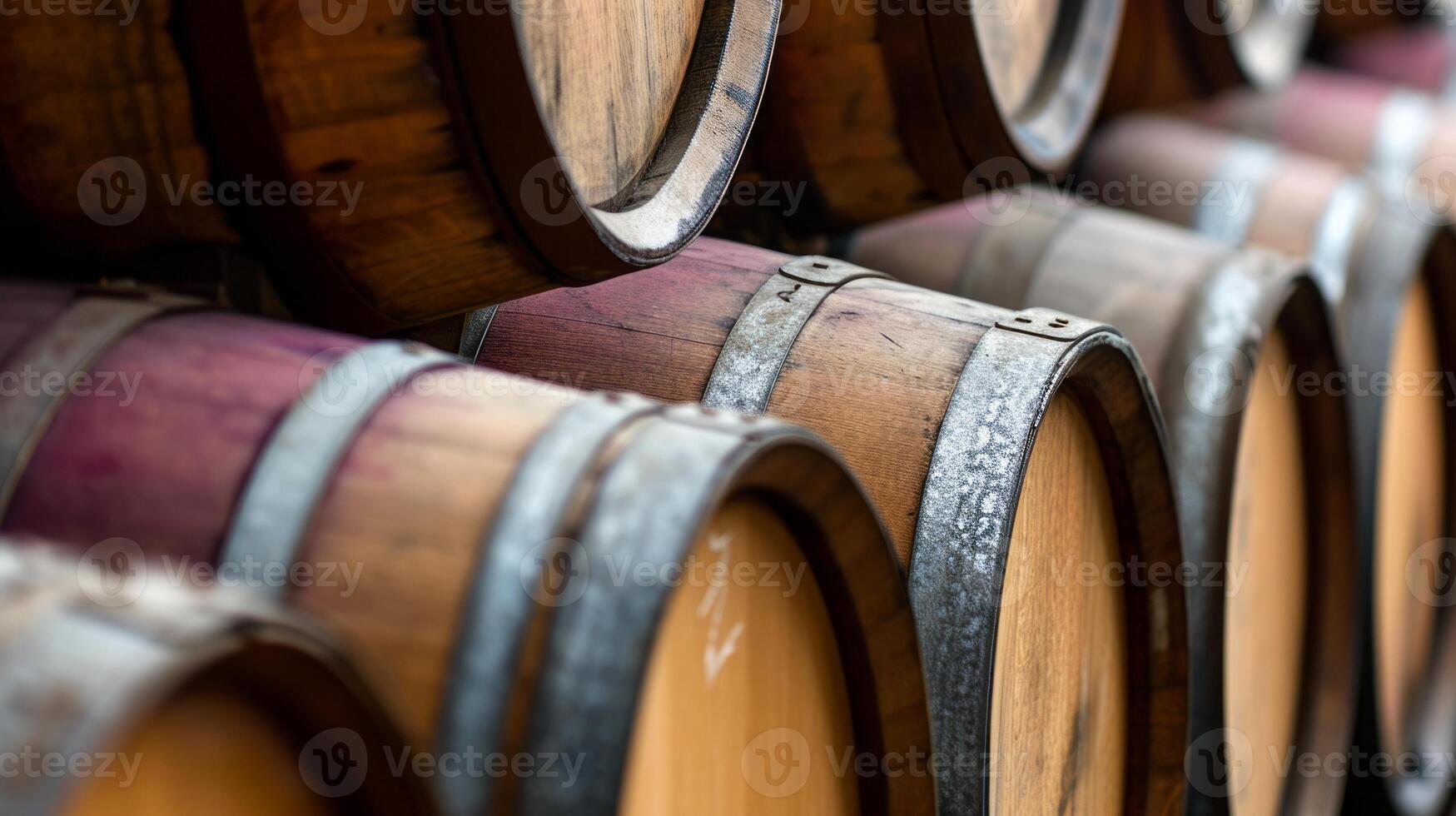 ai generato vino botti, avvicinamento. vino botti a il azienda vinicola. impilati vecchio vino botti foto