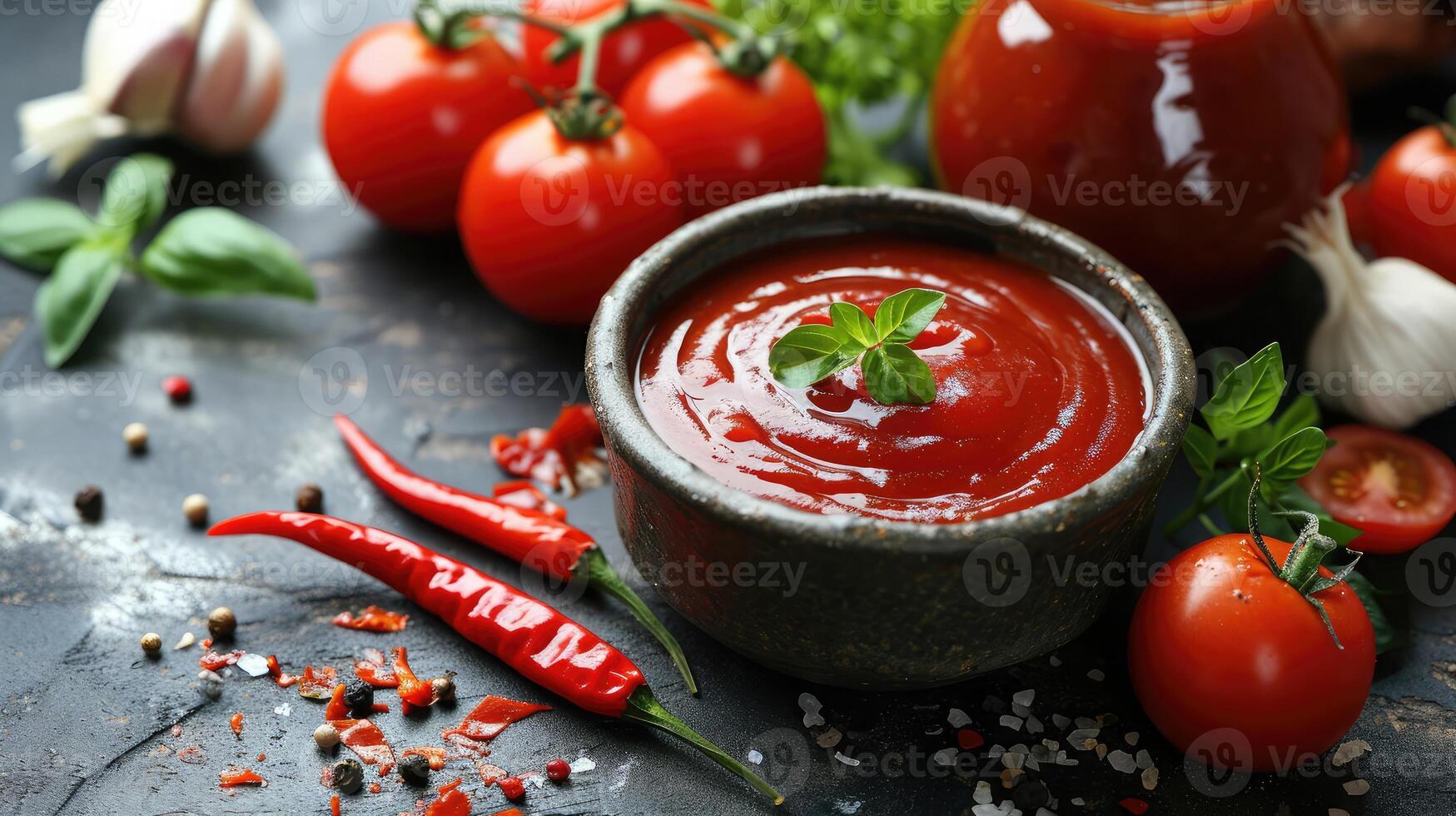 ai generato pomodoro ketchup, peperoncino salsa, puré con chili Pepe, pomodori e aglio foto