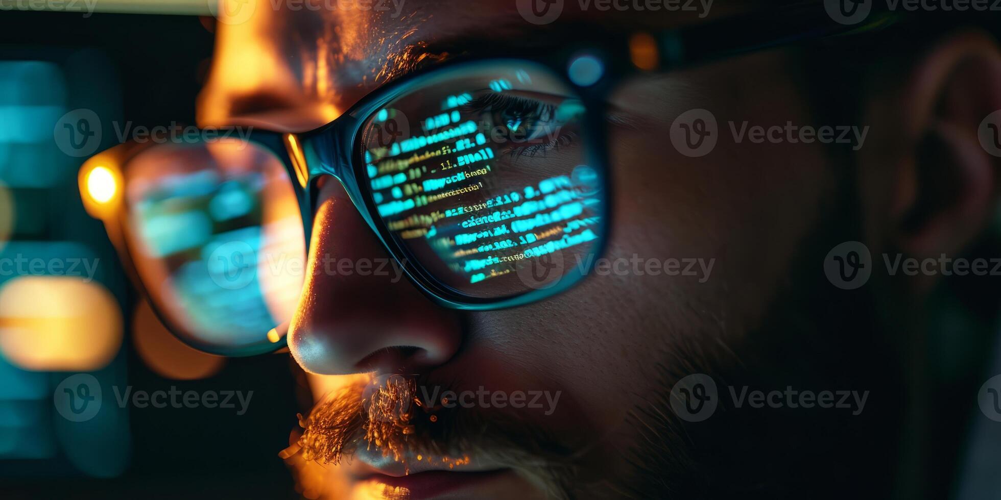 ai generato vicino su tiro di uomo indossare bicchieri riflettendo di programmazione codice. Software ingegnere, programmatore, informatica sicurezza foto