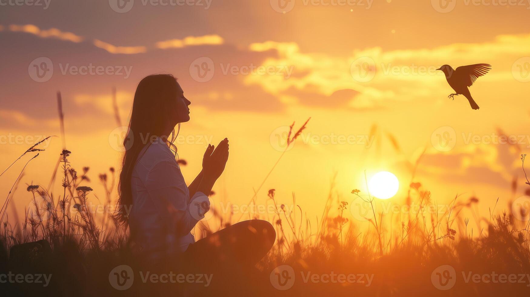 ai generato donna preghiere e gratuito uccello godendo natura su tramonto sfondo, speranza concetto foto