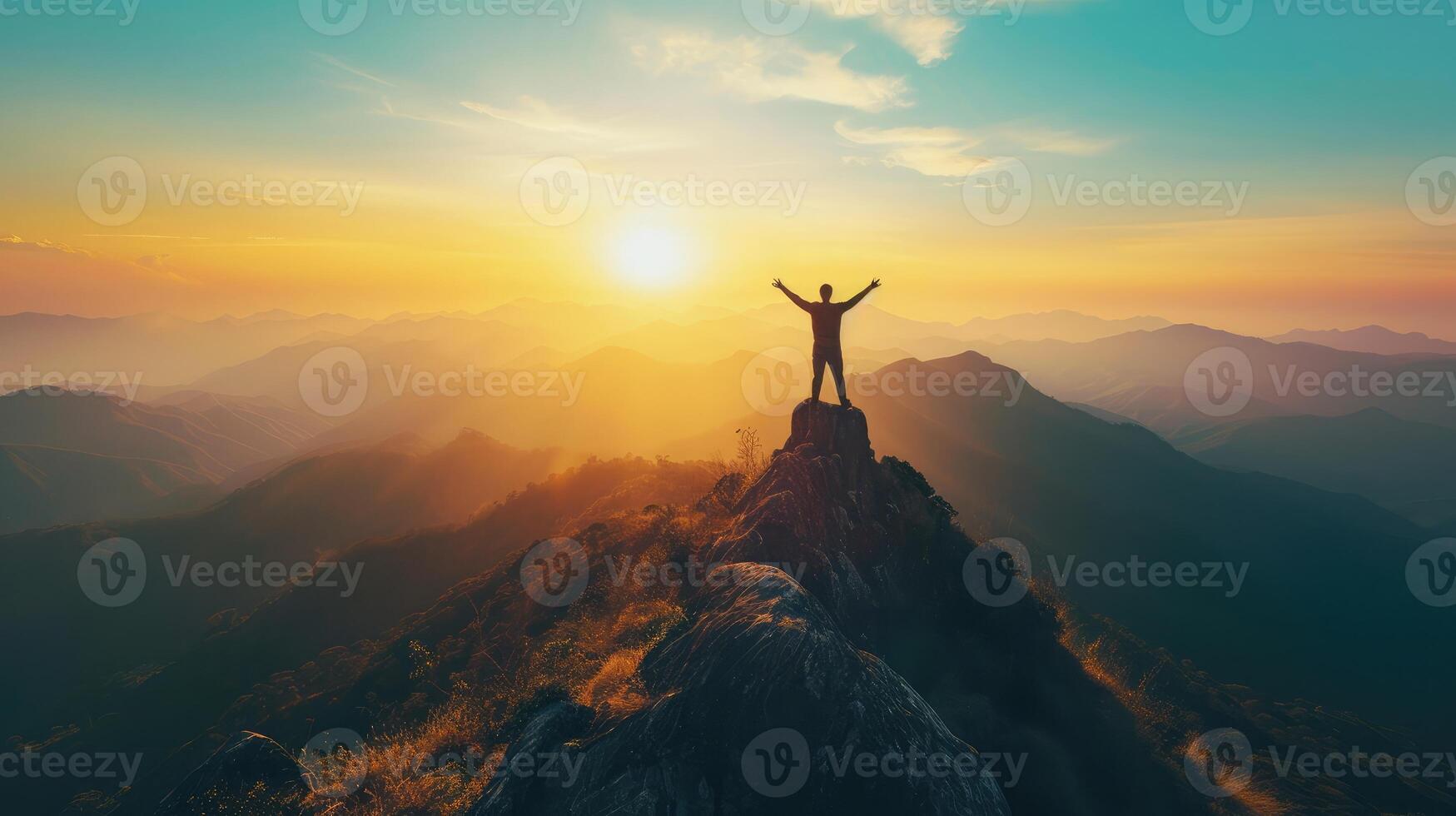 ai generato copia spazio di uomo salire mano su su superiore di montagna e tramonto cielo astratto sfondo. la libertà e viaggio avventura concetto. foto