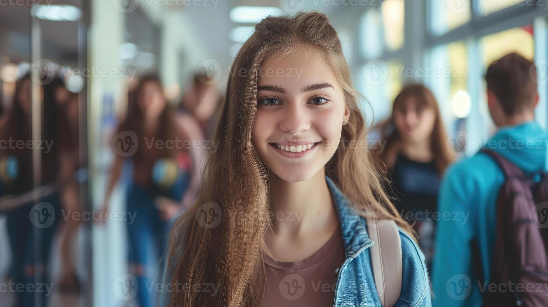 ai generato contento adolescenziale ragazza nel corridoio a alto scuola guardare a telecamera. sua amici siamo nel il sfondo foto