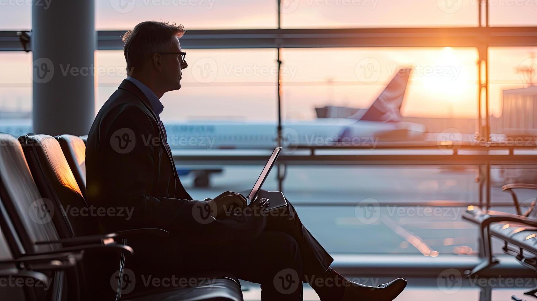 ai generato uomo d'affari con il computer portatile a il aeroporto.travel e attività commerciale aeroporto concetto. foto