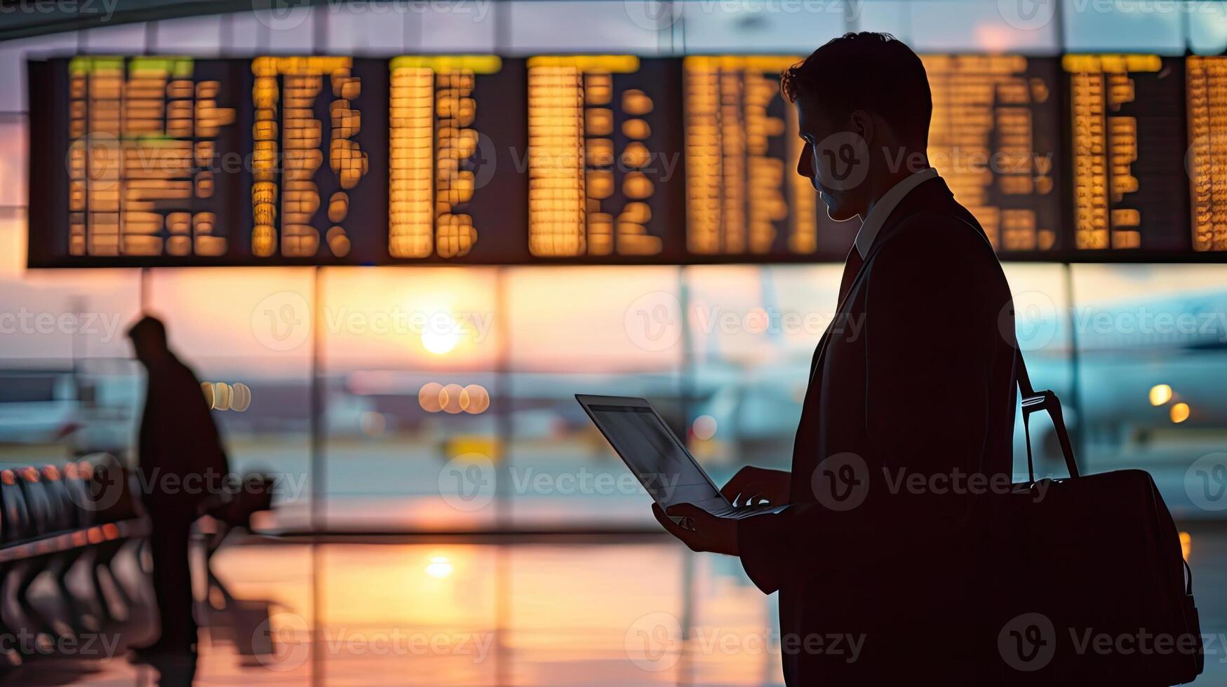 ai generato uomo d'affari con il computer portatile a il aeroporto.travel e attività commerciale aeroporto concetto. foto