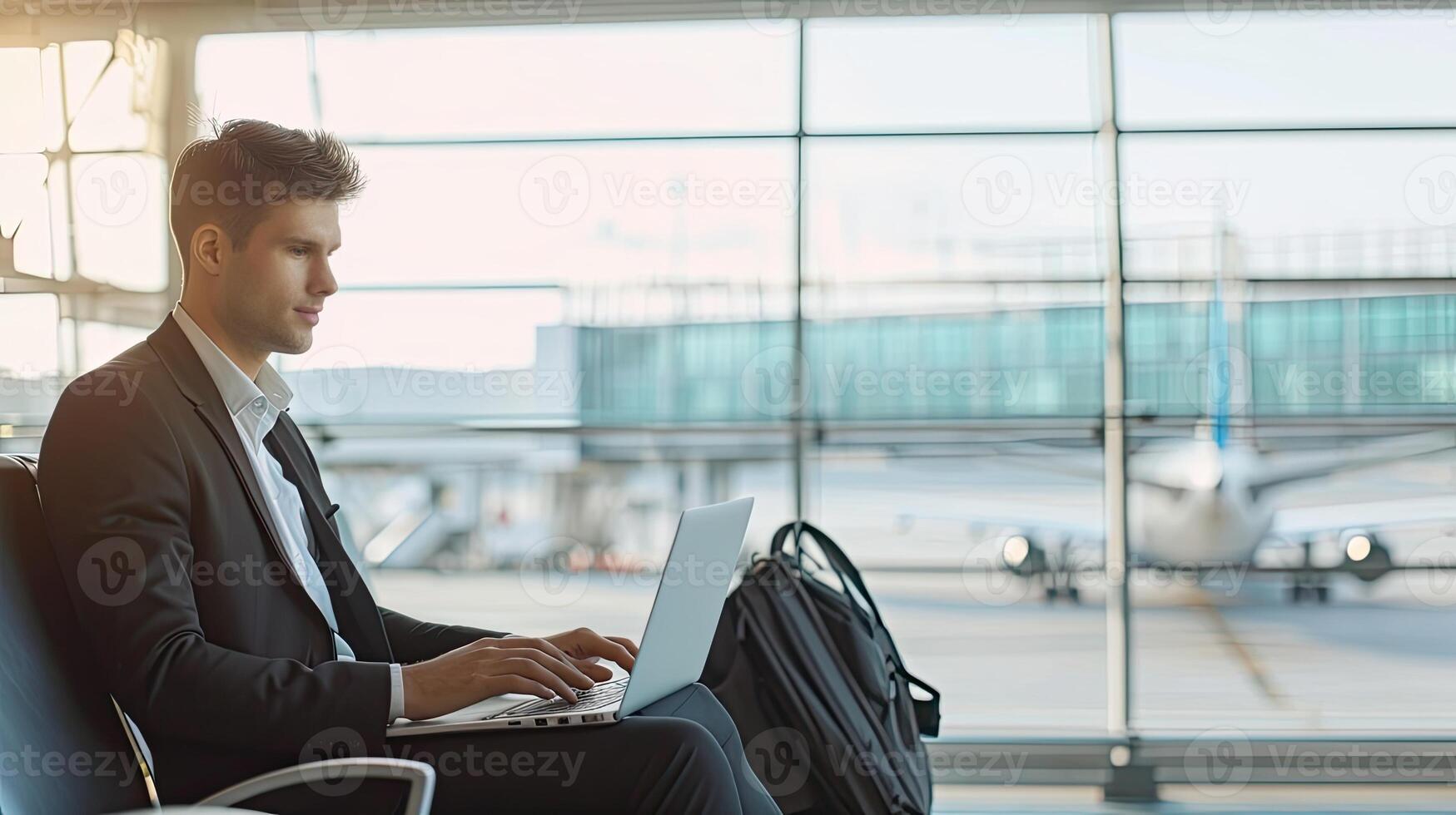 ai generato uomo d'affari con il computer portatile a il aeroporto.travel e attività commerciale aeroporto concetto. foto