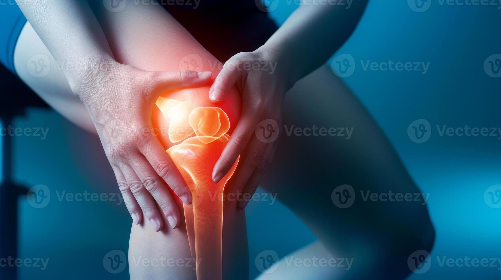 ai generato ginocchio dolore e lesione, ginocchio raggi X anatomia, sottolineando il ossatura e potenziale lesioni foto