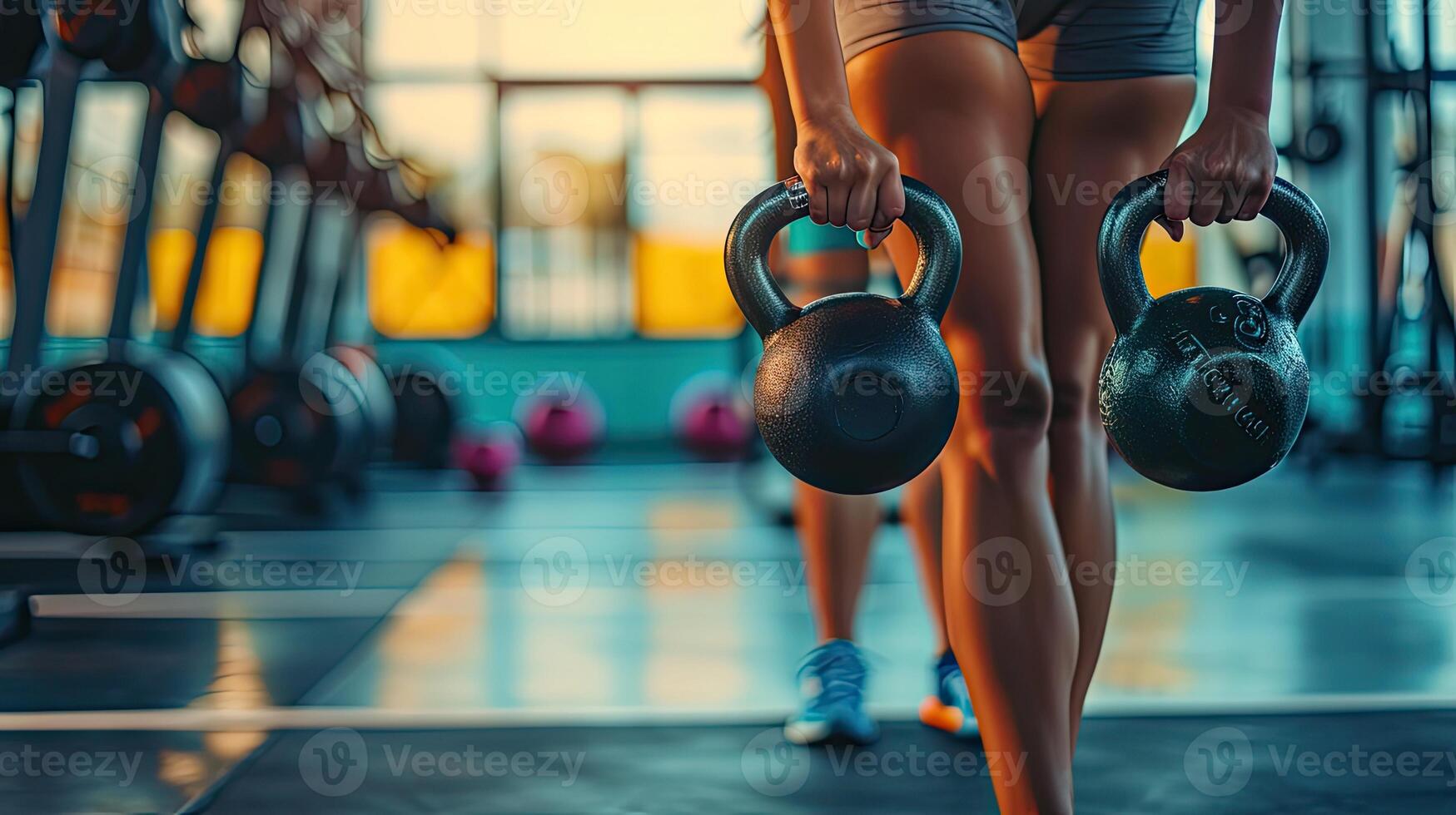 ai generato fitness ,allenamento, Palestra esercizio ,stile di vita e salutare concetto.donna nel esercizio Ingranaggio in piedi nel un' riga Tenere manubri durante un esercizio classe a il palestra. foto