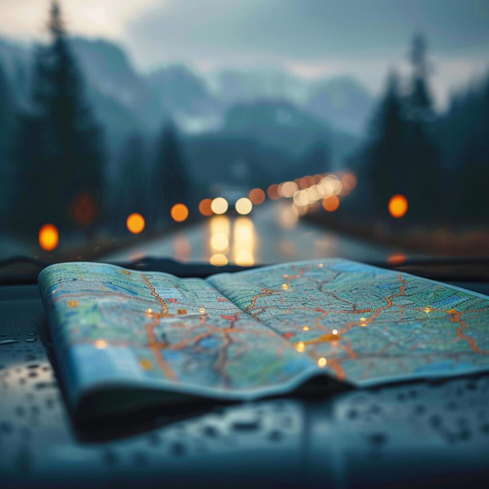 ai generato auto viaggio avventura con strada carta geografica navigazione il viaggio avanti per sociale media inviare dimensione foto