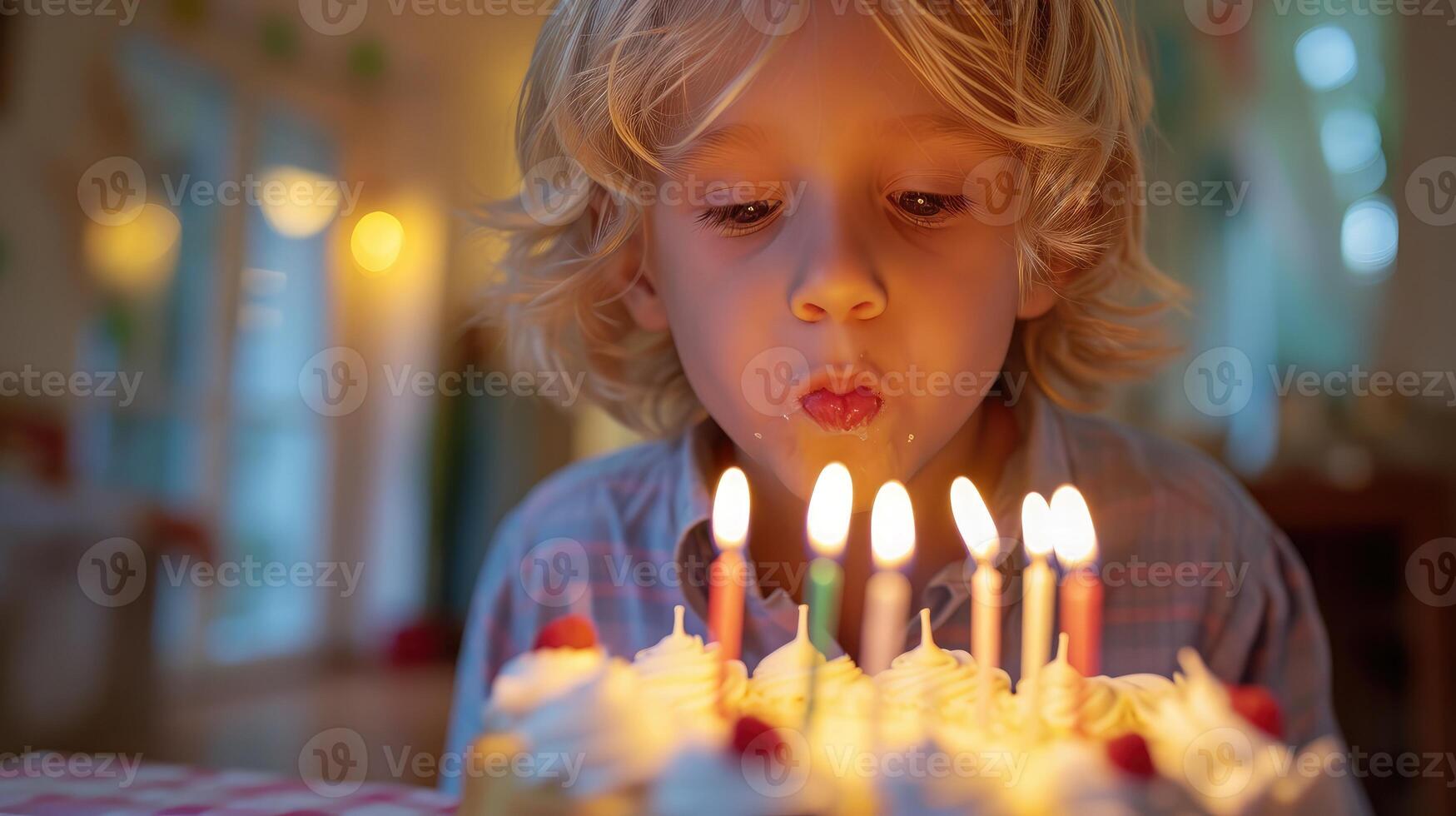 ai generato giovane biondo dai capelli caucasico ragazzo soffiaggio su candele su compleanno torta foto