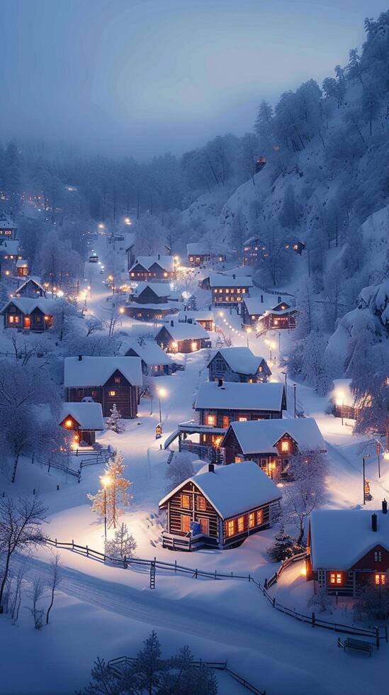 ai generato neve coperto villaggio si illumina incantevole sotto ore notturne illuminazione verticale mobile sfondo foto