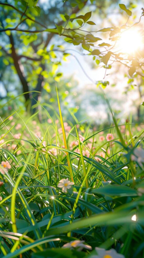 ai generato idilliaco primavera giorno con chiaro cieli e caldo luce del sole verticale mobile sfondo foto