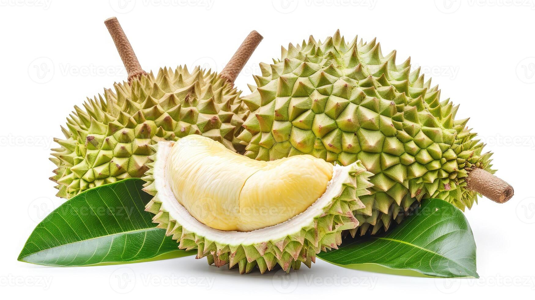 ai generato durian frutta tagliare nel metà isolato su bianca sfondo. foto