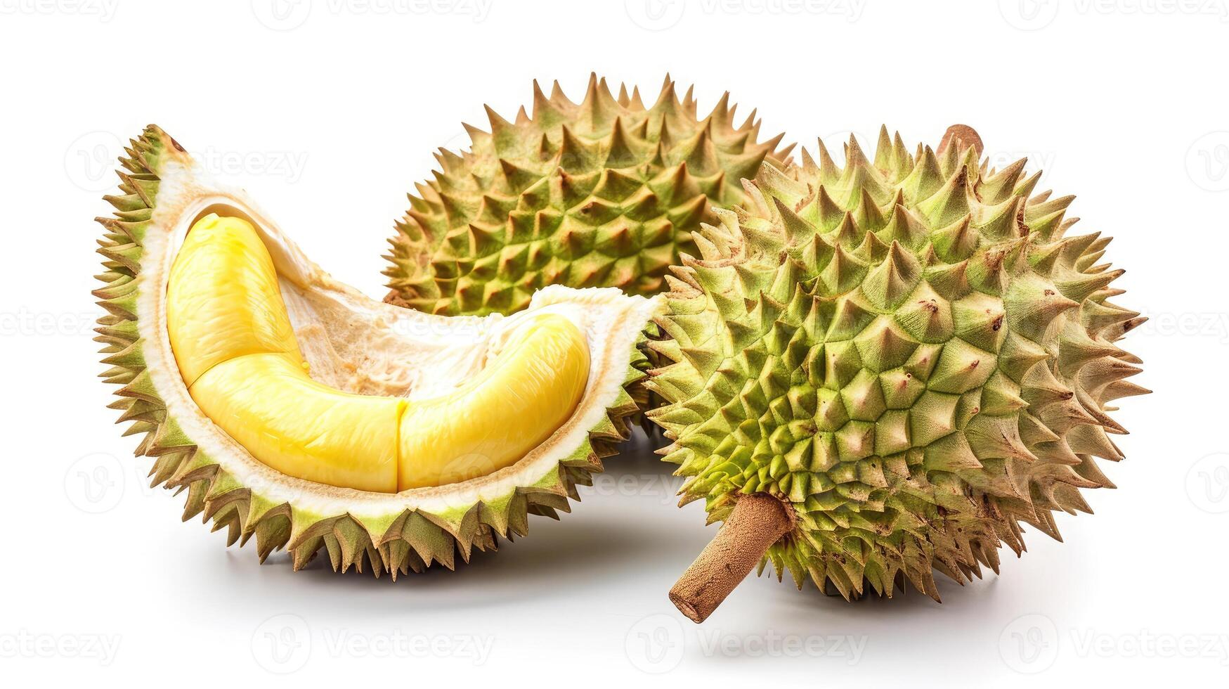 ai generato durian frutta tagliare nel metà isolato su bianca sfondo. foto