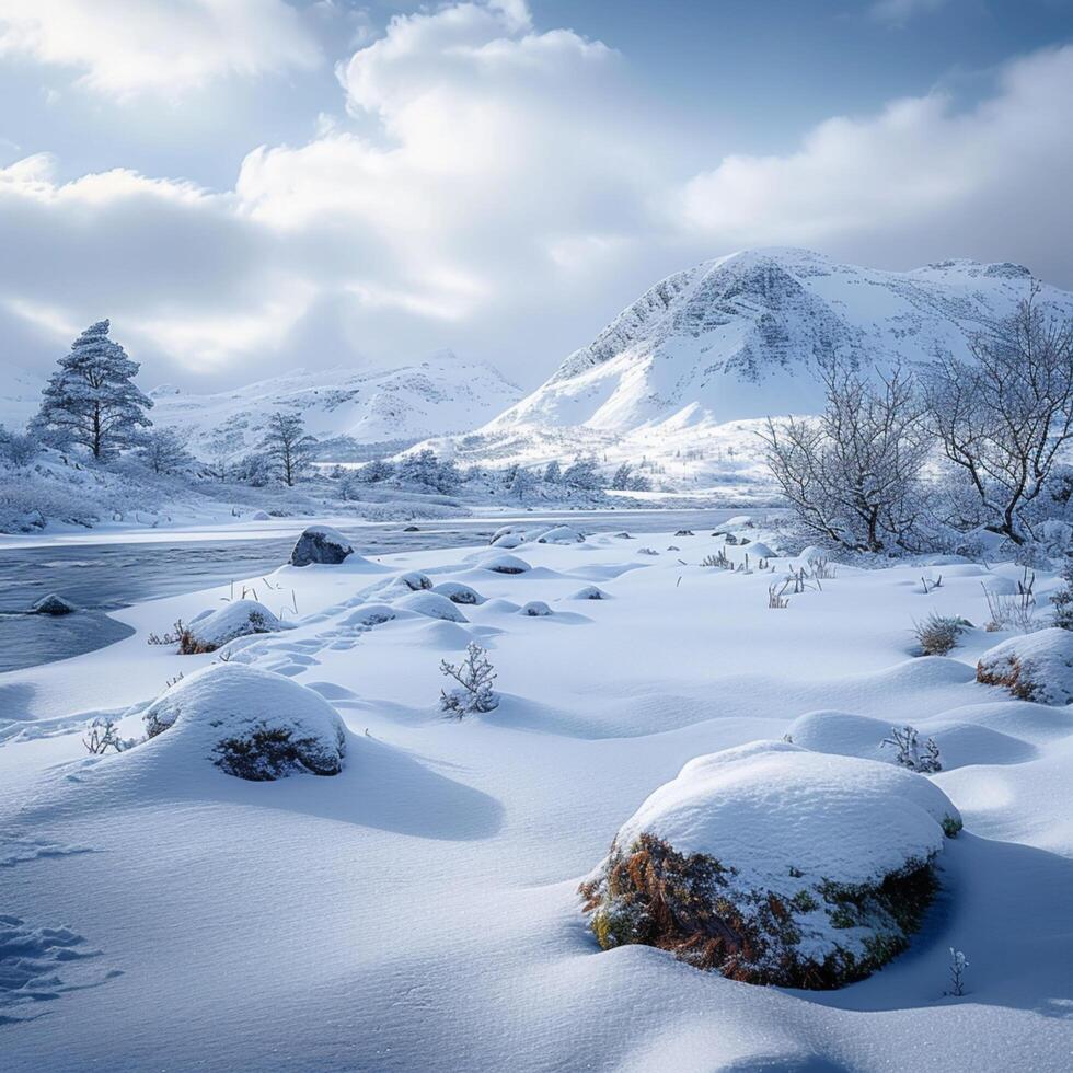 ai generato inverno Paese delle meraviglie maestoso paesaggio ornato nel incontaminato bianca neve per sociale media inviare dimensione foto