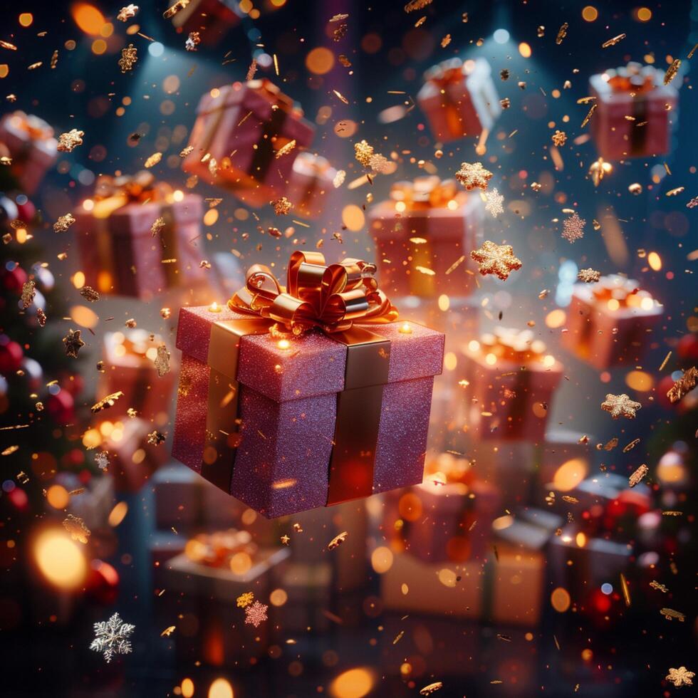 ai generato magico Natale sorpresa volante regalo scatole cascata nel festivo caos per sociale media inviare dimensione foto