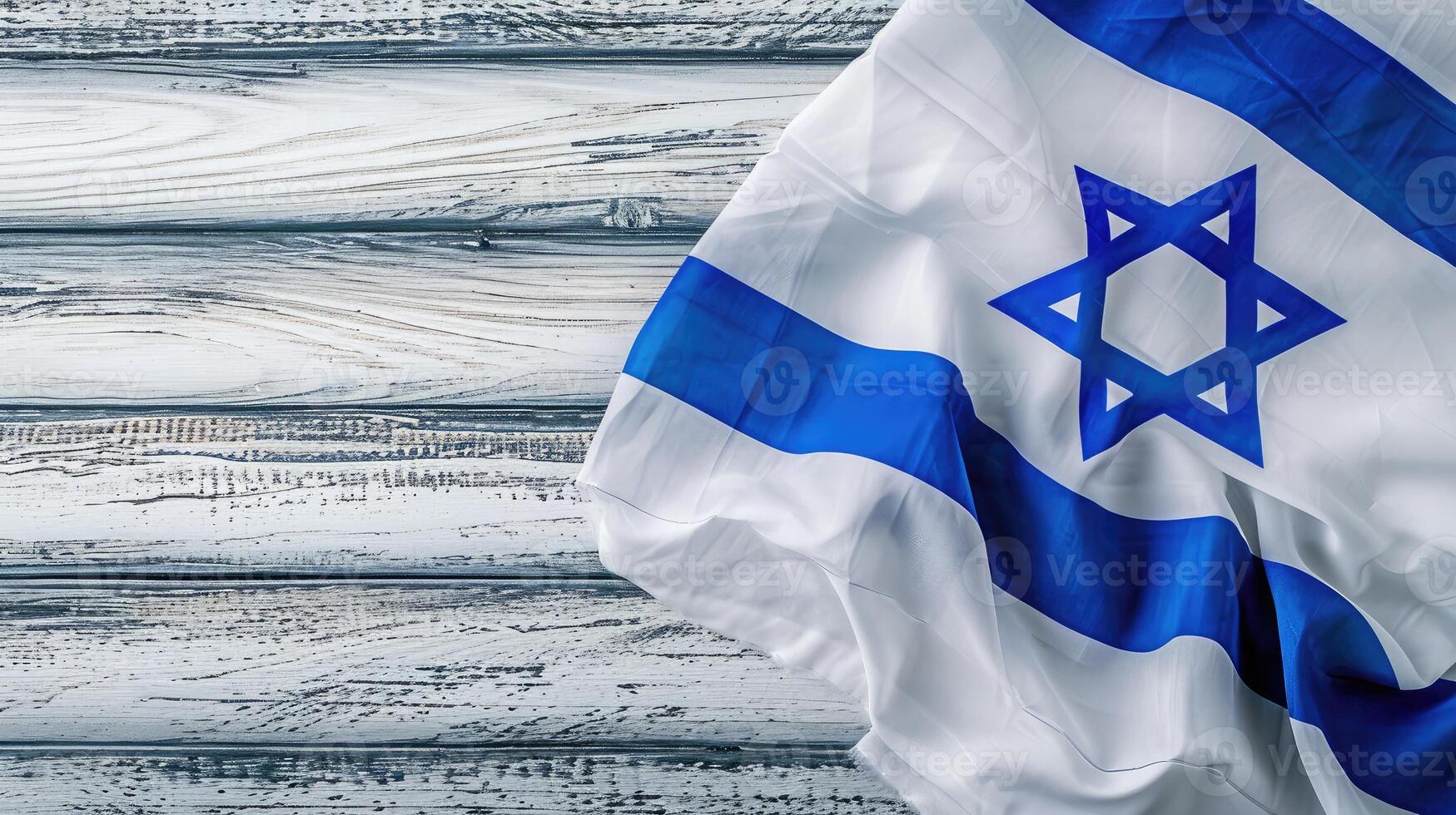 ai generato indipendenza giorno di Israele. nazionale Israele bandiera con stella di david al di sopra di bianca di legno sfondo. vicino su. nazionale bandiera con posto per testo. foto