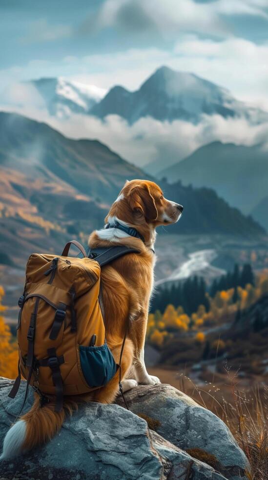 ai generato avventura attende cane con zaino esplora maestoso montagna scenario verticale mobile sfondo foto