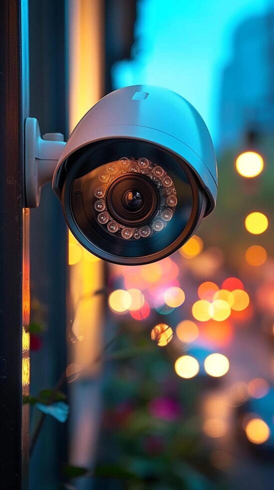 ai generato monitoraggio premesse sicurezza telecamera installato su finestra con bokeh sfondo verticale mobile sfondo foto