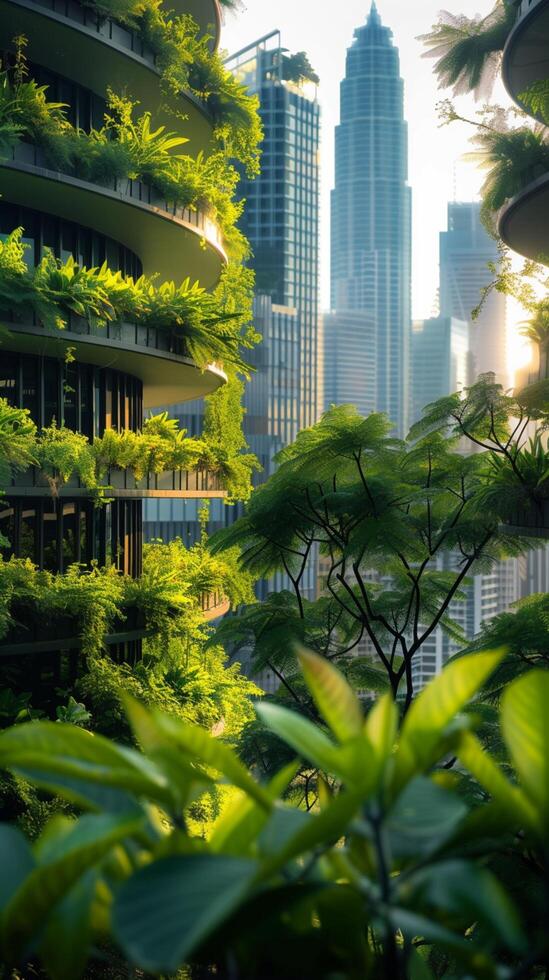 ai generato rinfrescante paesaggio urbano vivace verde impianti portare vita per urbano ambiente verticale mobile sfondo foto