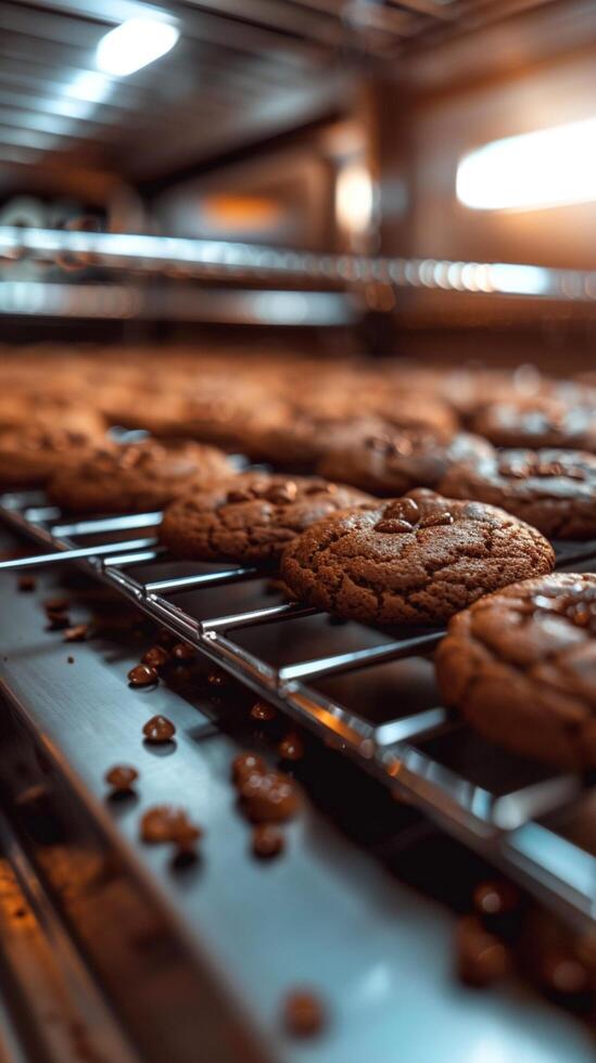 ai generato confetteria automazione cioccolato biscotti su industriale produzione linea emergente a partire dal forno verticale mobile sfondo foto