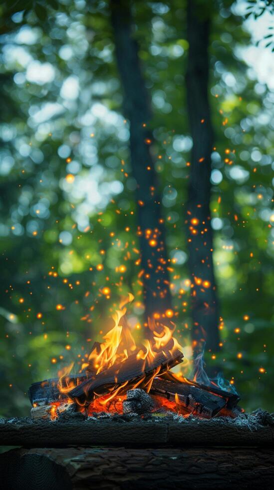 ai generato all'aperto ambiance fuoco di bivacco sfarfallio al di sopra di vivace verde sfondo verticale mobile sfondo foto