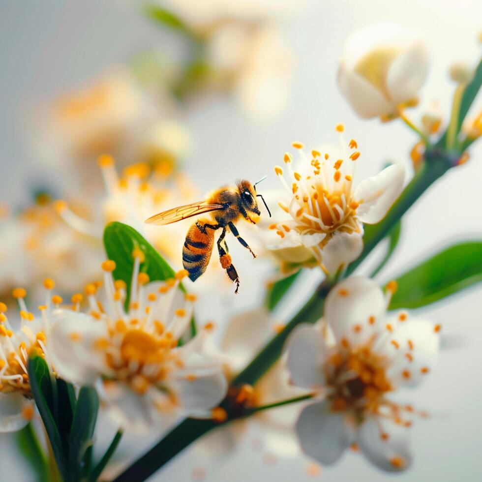 ai generato floreale interazione miele ape con grazia terre su bellissimo fiore petalo per sociale media inviare dimensione foto