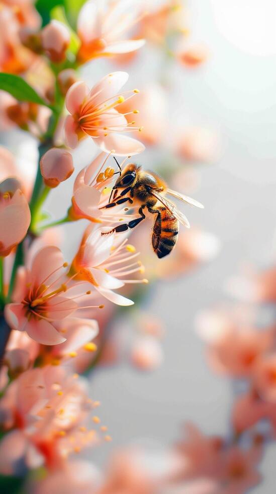 ai generato floreale interazione miele ape con grazia terre su bellissimo fiore petalo verticale mobile sfondo foto