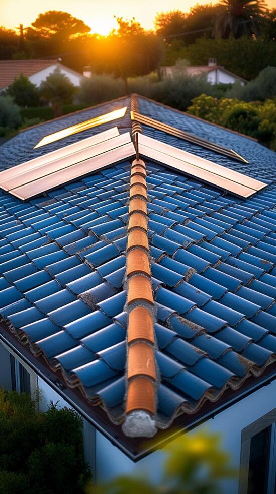 ai generato sostenibile alloggiamento concetto bituminoso piastrella tetto significa rinnovabile energia integrazione verticale mobile sfondo foto