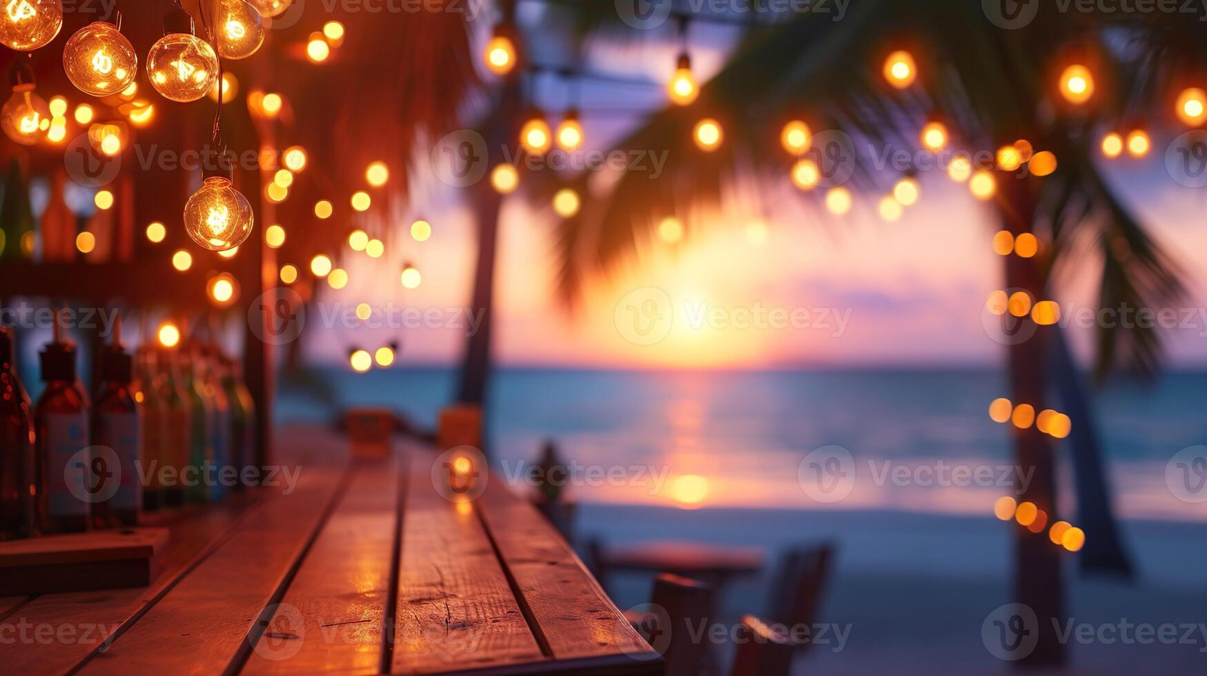 ai generato sfocato spiaggia bar sfondo a tramonto. bar superiore e sedie, palma alberi, caldo corda luci, con oceano onde e un' colorato cielo. foto