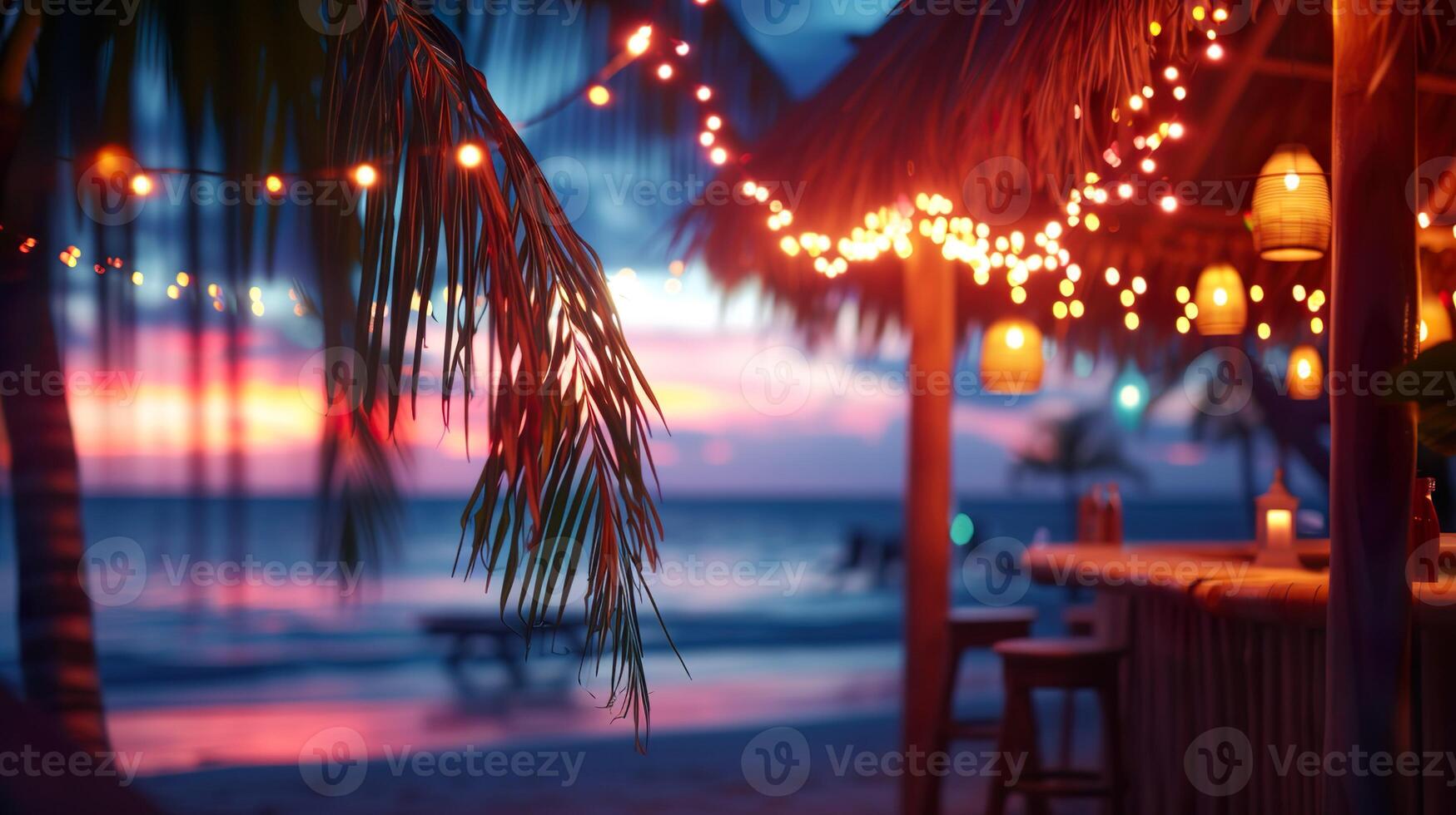 ai generato sfocato spiaggia bar sfondo a tramonto. bar superiore e sedie, palma alberi, caldo corda luci, con oceano onde e un' colorato cielo. foto