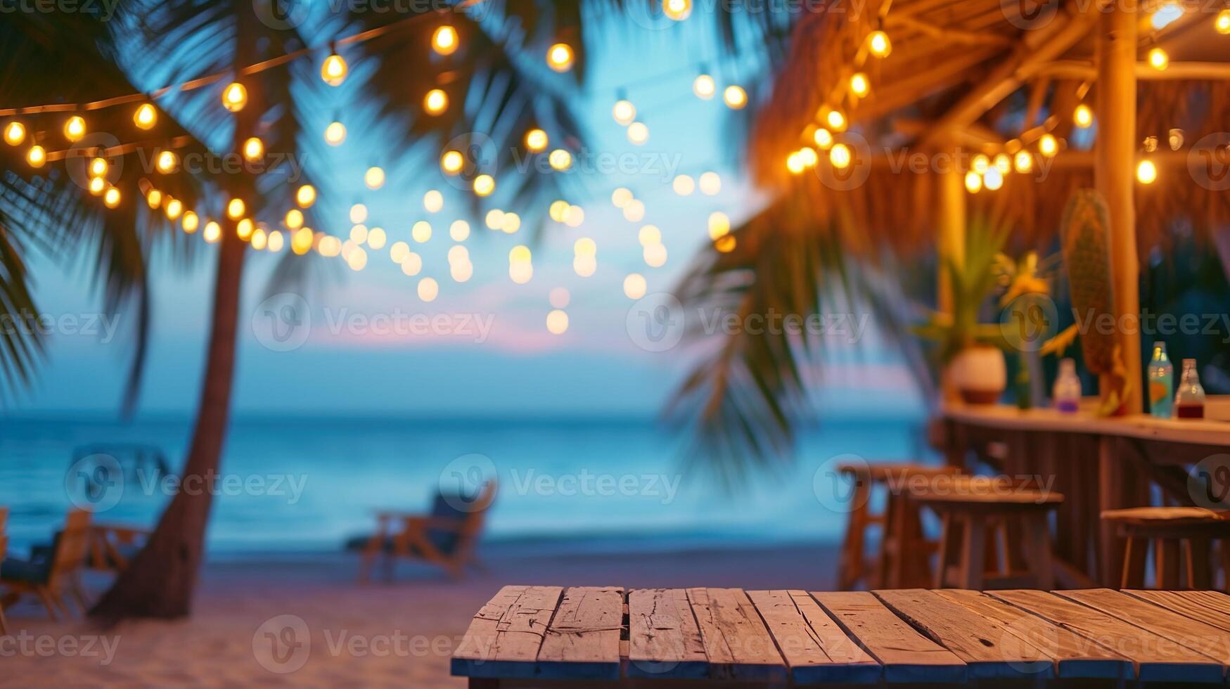 ai generato sfocato spiaggia bar superiore sfondo a tramonto. sedie, palma alberi, caldo corda luci, con oceano onde e un' colorato cielo. foto