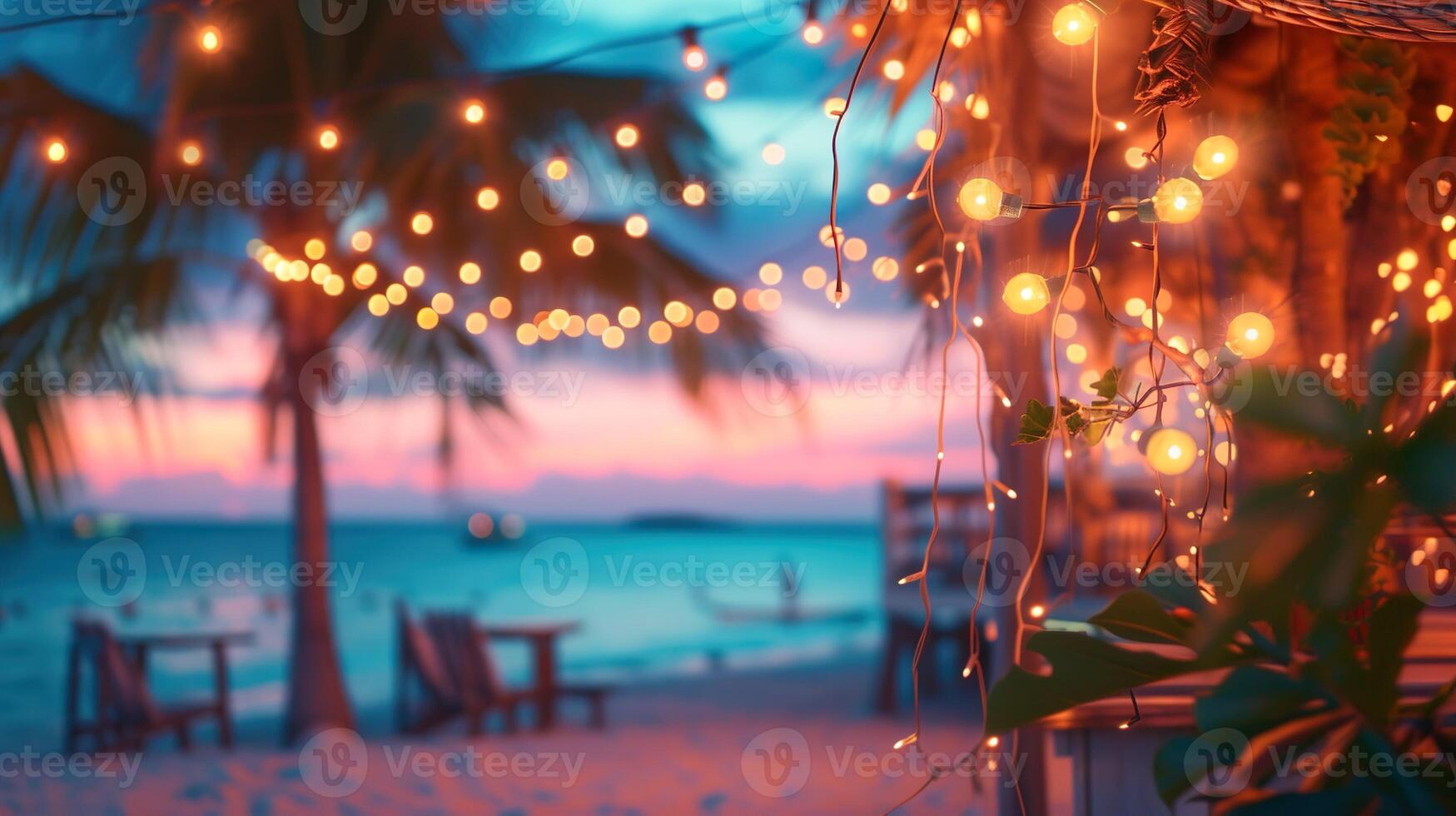 ai generato sfocato crepuscolo spiaggia bar sfondo. sedie, palma alberi, caldo corda luci, con oceano onde e un' colorato cielo. foto