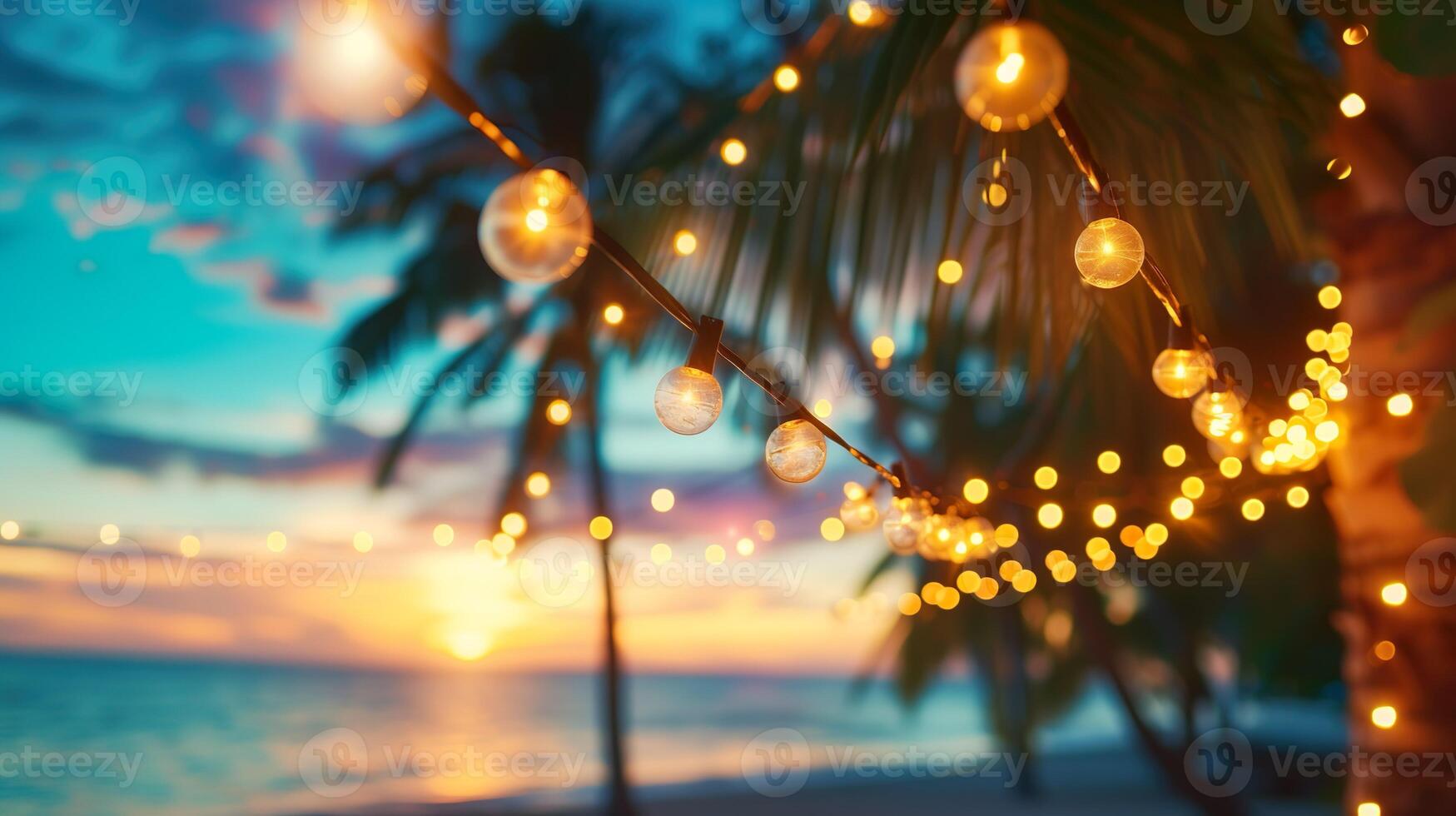 ai generato sfocato spiaggia scena sfondo con caldo corda luci e ghirlande. palma alberi, tranquillo onde e un' colorato cielo. spiaggia bar a sera. foto