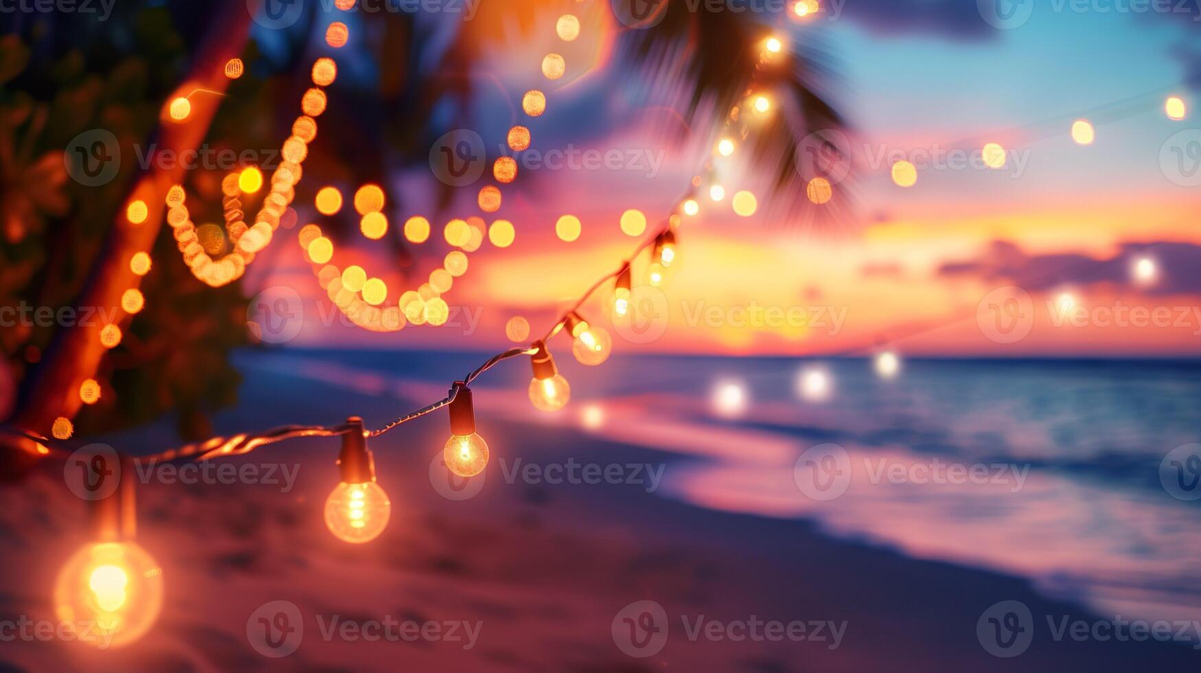 ai generato sfocato spiaggia scena sfondo con caldo corda luci e ghirlande. spiaggia bar a sera. tranquillo onde e un' colorato cielo. foto