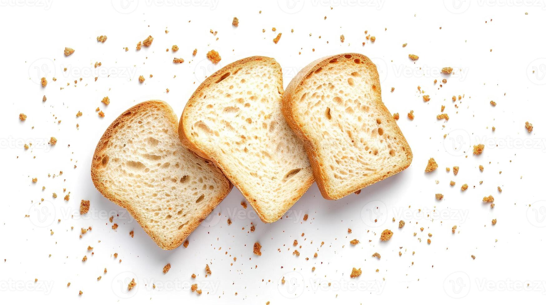 ai generato affettato pane isolato su un' bianca sfondo. pane fette e briciole visto a partire dal sopra. superiore Visualizza foto