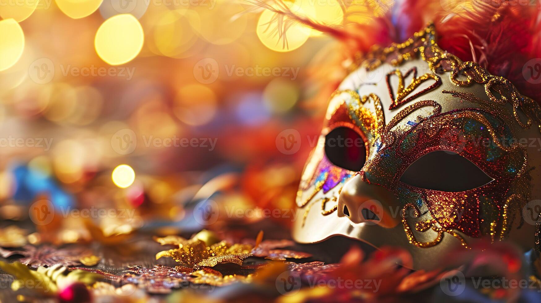 ai generato colorato carnevale masquerade parata maschera su sfocato buio blu sfondo con bokeh luci. copia spazio. per veneziano costume Festival celebrazione, invito, promozione. foto