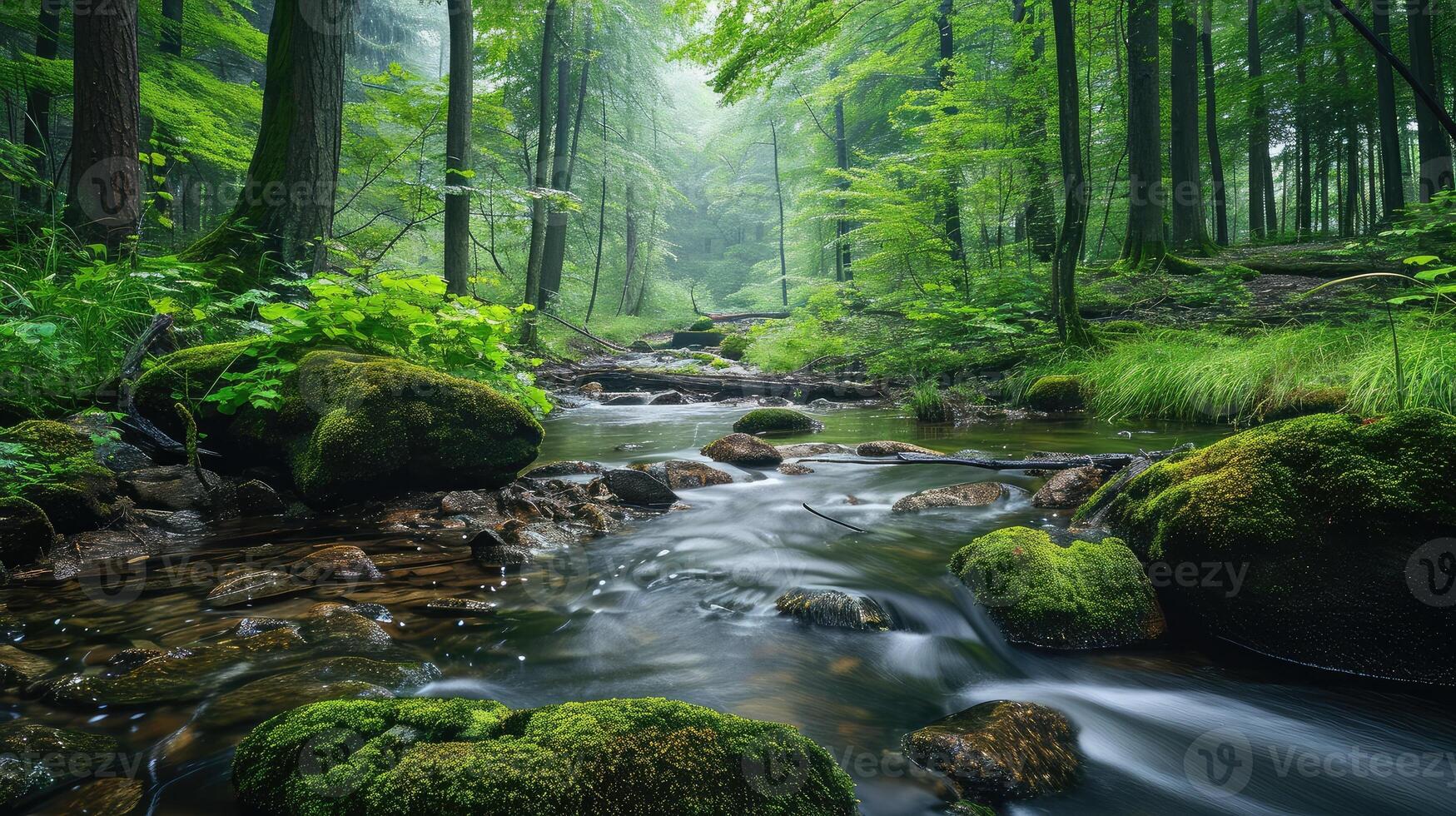 ai generato tranquillo foresta e ruscello scenario con coperto di muschio rocce foto