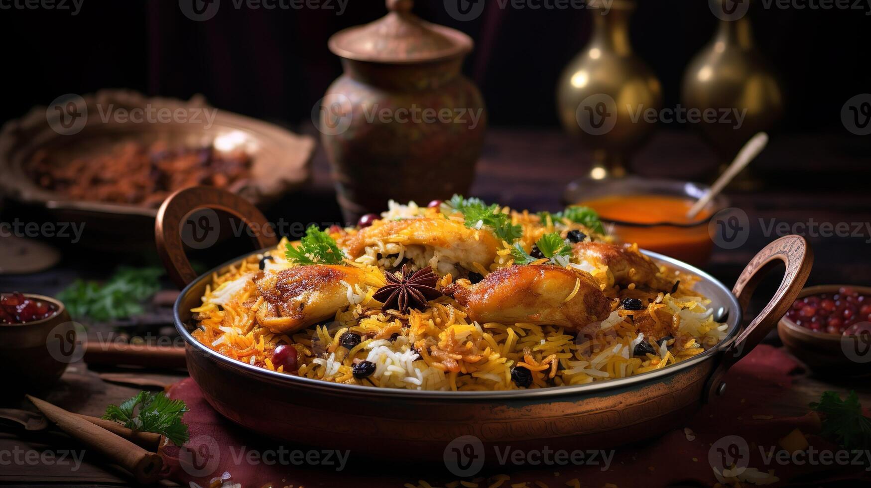 ai generato speziato pollo biryani cucina nel un' brillante argento ciotola, autentico indiano cibo, servendo fantasia cibo nel un' ristorante. foto