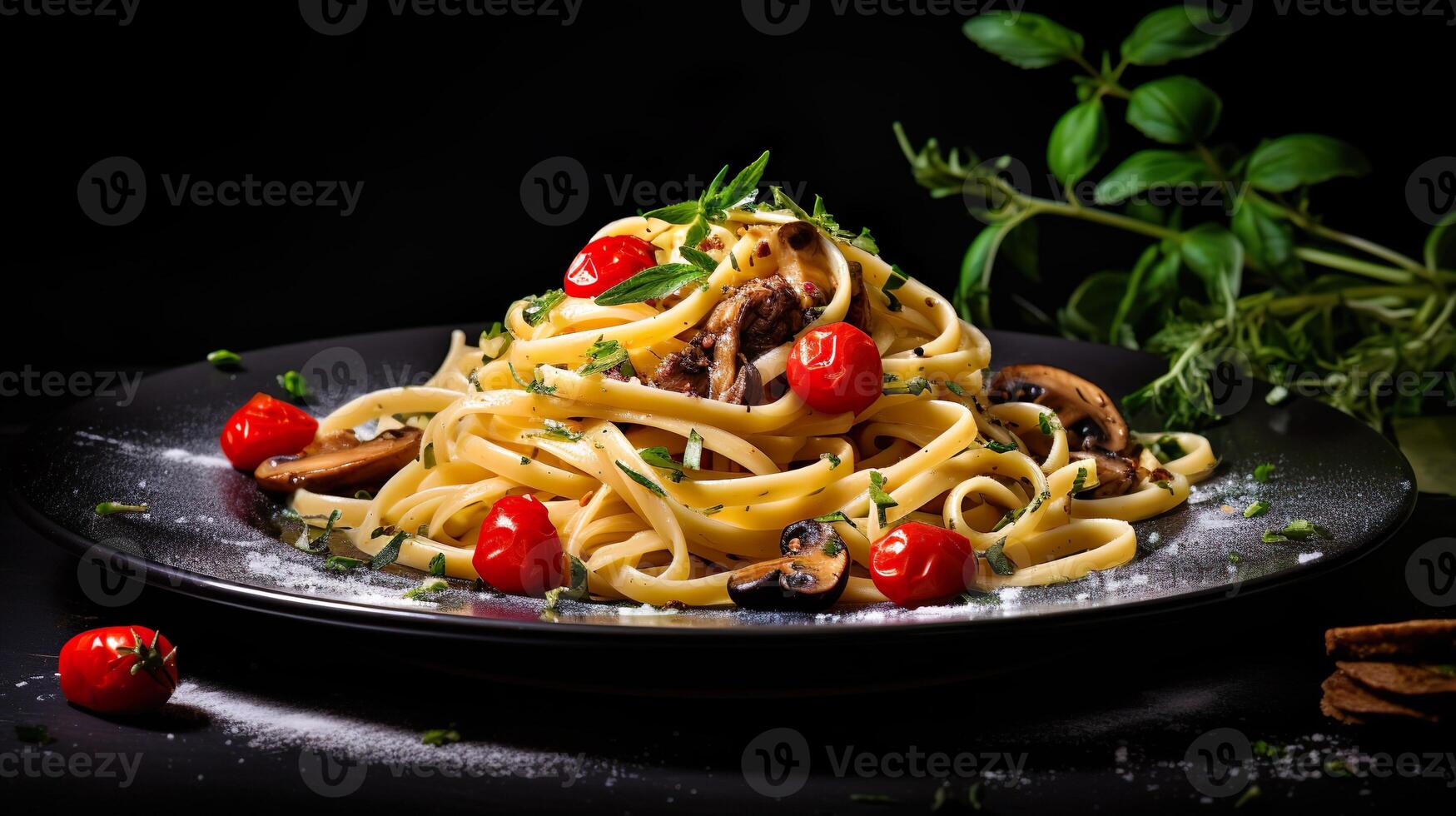 ai generato italiano pasta con funghi, pomodori decorato con prezzemolo basilico. servendo fantasia vegetariano cibo nel un' ristorante. foto