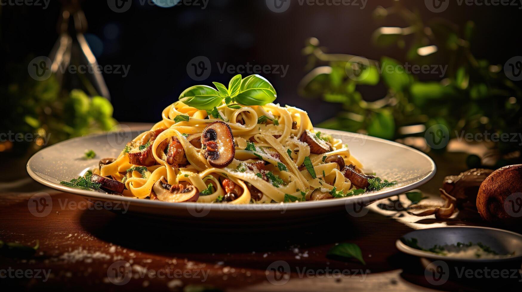 ai generato pasta con funghi, pomodori decorato con prezzemolo basilico. servendo fantasia italiano cucina cibo nel un' ristorante. foto