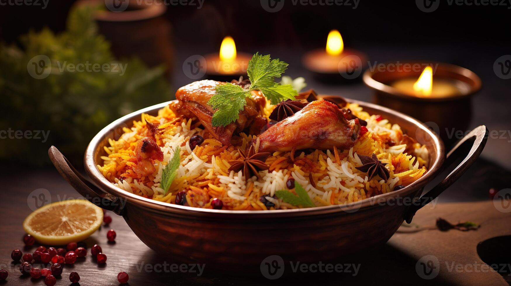 ai generato speziato pollo biryani cucina nel un' brillante argento ciotola, autentico indiano cibo, servendo fantasia cibo nel un' ristorante. foto