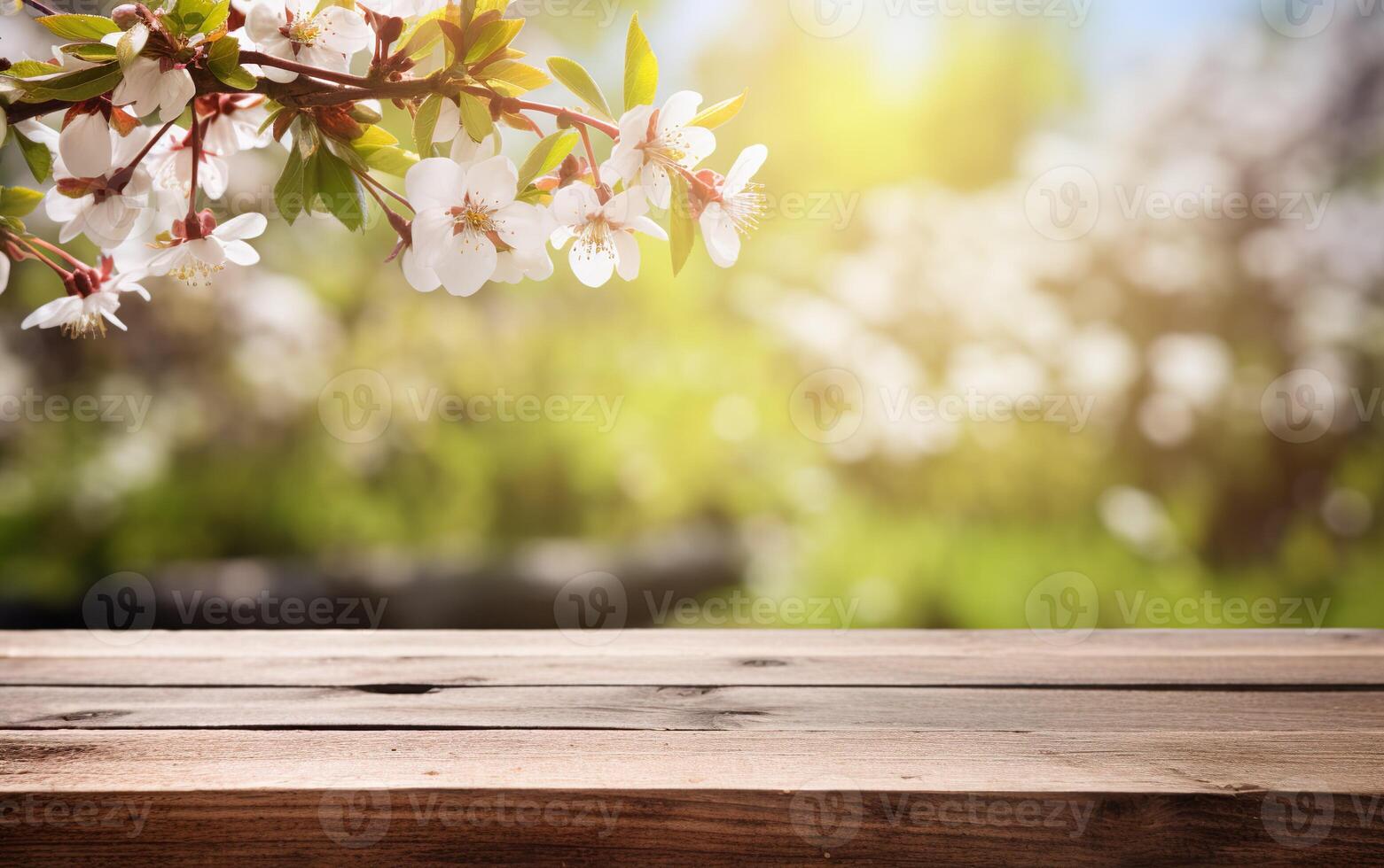 ai generato vuoto di legno tavolo, Schermo con primavera natura tema sfondo. bellissimo fioritura ciliegia rami. copia spazio per Prodotto presentazione, vetrina. foto