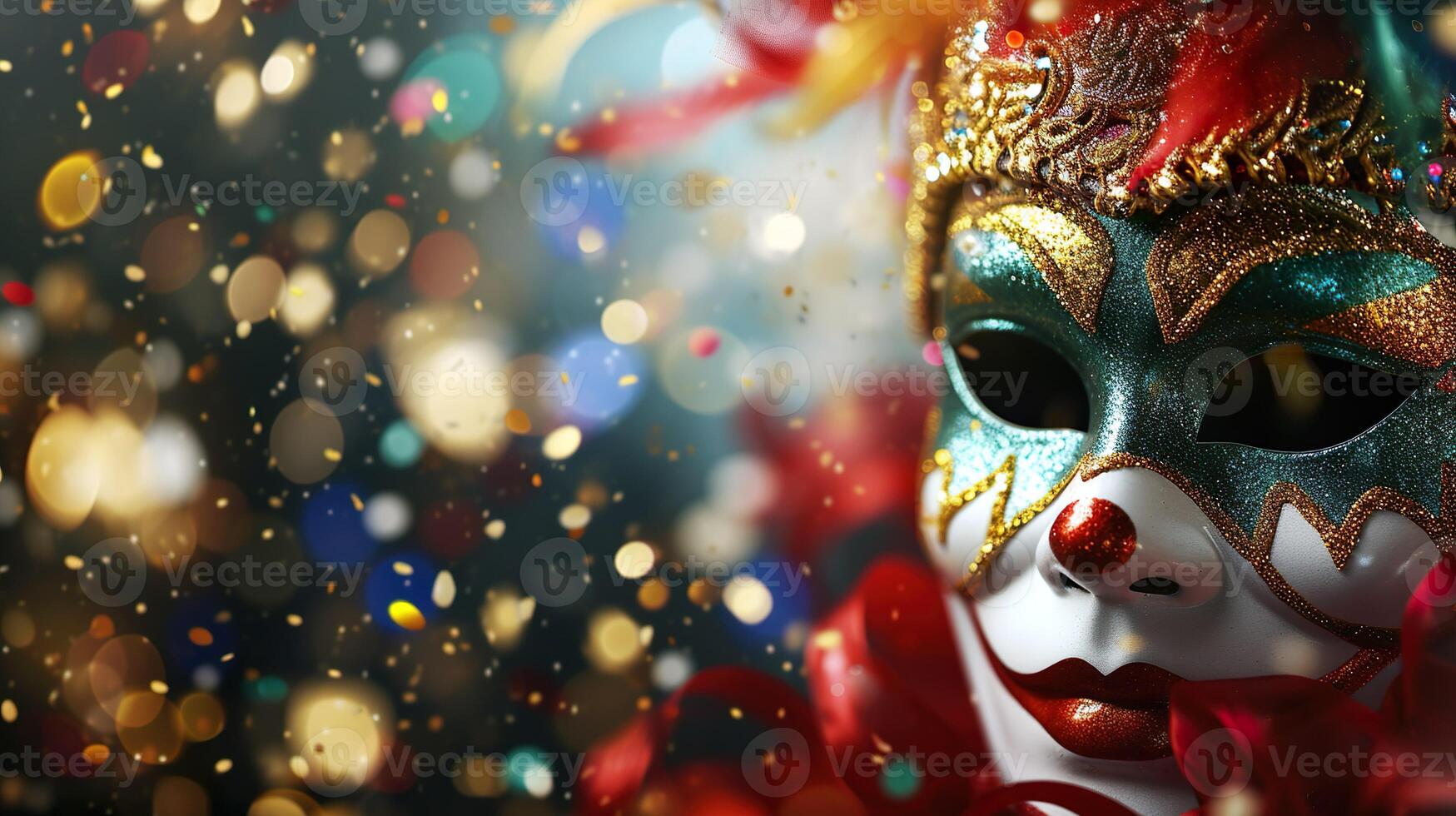 ai generato colorato carnevale masquerade parata maschera su sfocato buio blu sfondo con bokeh luci. copia spazio. per veneziano costume Festival celebrazione, invito, promozione. foto