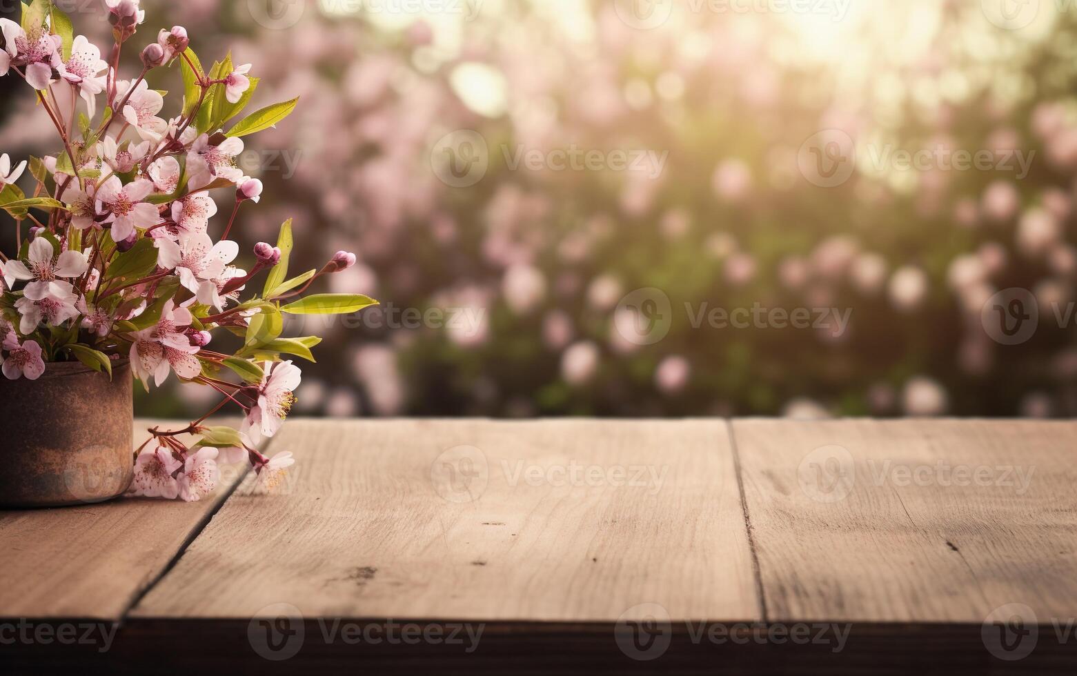 ai generato vuoto di legno tavolo, Schermo con primavera natura tema sfondo. bellissimo fioritura ciliegia rami. copia spazio per Prodotto presentazione, vetrina. foto