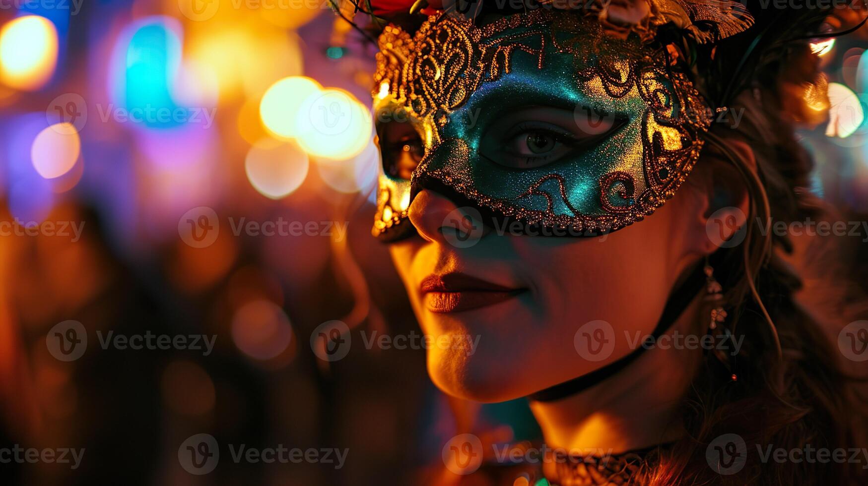 ai generato bellissimo giovane donna nel un' carnevale masquerade parata maschera su un' sfocato buio blu sfondo con bokeh luci. foto