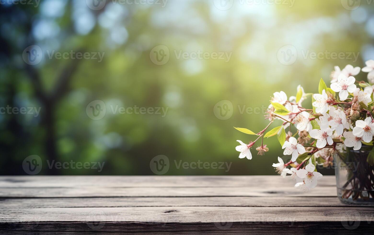 ai generato vuoto di legno tavolo, Schermo con primavera natura tema sfondo. bellissimo fioritura ciliegia rami. copia spazio per Prodotto presentazione, vetrina. foto